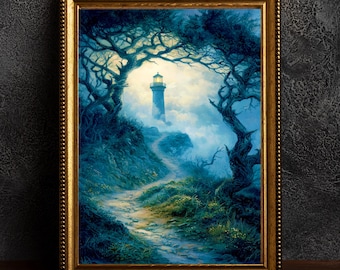 May include: A framed painting of a lighthouse at the end of a winding path, surrounded by trees. The artwork features a gold frame and a color palette of blues, greens, and yellows. The lighthouse is illuminated, creating a focal point in the misty landscape.