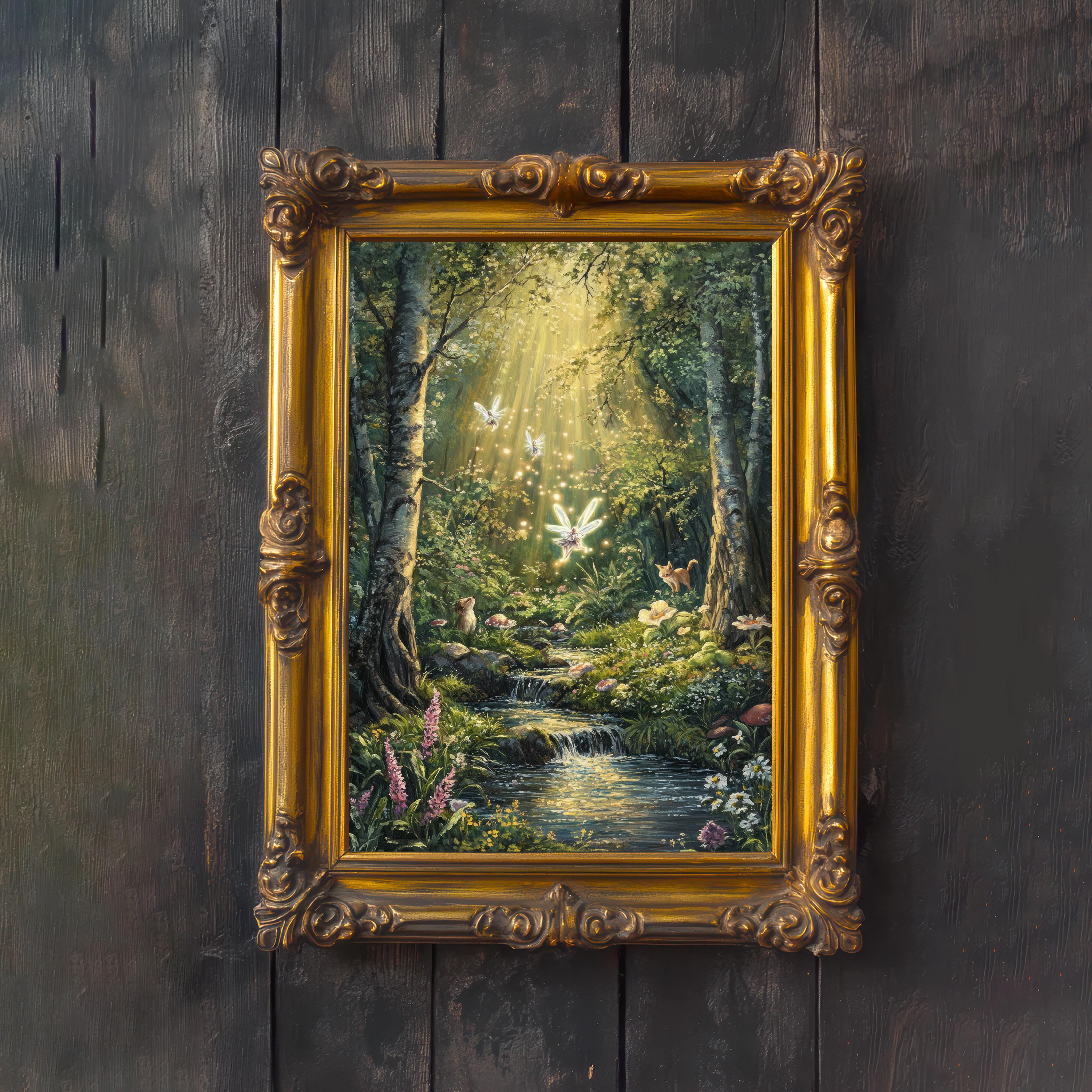 Giggling Fairies Cottagecore Print Poster Vintage Fairytale Art Dark Academia Wall Decor Antique Illustration Enchanted Forest Cottagecore