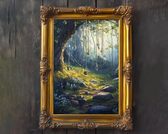 May include: A framed painting with a gold ornate frame. The artwork depicts a sunlit forest scene with a path leading into the distance. Several hanging pendants with colorful gems are suspended from a tree, adding a touch of fantasy.