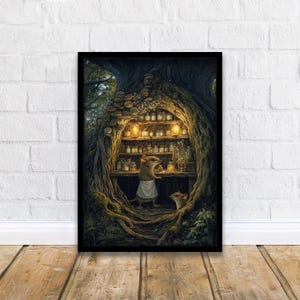 May include: A framed art print depicts a whimsical scene of two mice in a tree hollow. One mouse, wearing an apron, stands in front of shelves filled with jars. The scene is illuminated by soft, warm light, creating a cozy, inviting atmosphere.