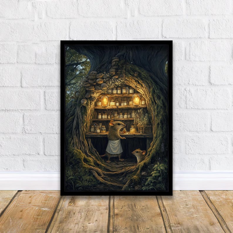 May include: A framed art print depicts a whimsical scene of two mice in a tree hollow. One mouse, wearing an apron, stands in front of shelves filled with jars. The scene is illuminated by soft, warm light, creating a cozy, inviting atmosphere.