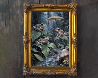 Raindrop Frogs Cottagecore Print Poster Vintage Woodland Animal Dark Academia Wall Decor Antique Illustration Enchanted Nature Cottagecore