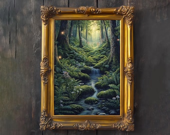 May include: A framed painting of a lush forest scene with a stream, ferns, and moss-covered rocks. The artwork is enclosed in an ornate gold frame. The forest is illuminated with soft light, creating a magical atmosphere.