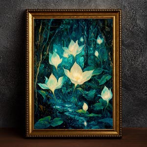 Moonflower Garden Poster Enchanted Night Artwork Magical Floral Illustration Cottagecore Wall Art Whimsical Botanical Print Vintage Fantasy