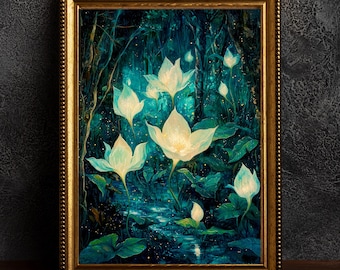 May include: A framed painting of luminous white flowers in a dark, teal-toned forest. The artwork features a stream and lush green foliage, set within a gold-colored ornate frame, creating a mystical and enchanting scene.