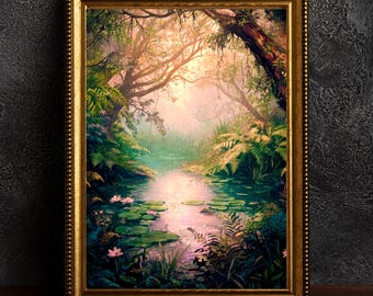 Póster de bosque brumoso, obra de arte de naturaleza encantada, ilustración de bosque mágico, arte de pared cottagecore, impresión de bosque caprichoso, fantasía vintage