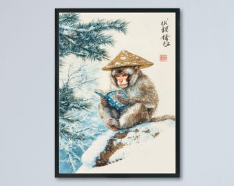 Monkey Reading Comic Woodblock Print Ukiyo-e Style Japanese Animal Art Zen Monkey Wall Decor Japanese Inspired Pop Culture Artwork Funny