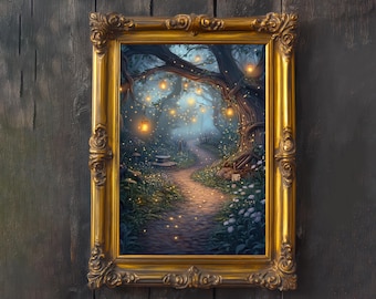 May include: A framed painting of a magical forest path lit by glowing lanterns hanging from the branches of a large tree. The path is lined with lush greenery and leads into the distance.