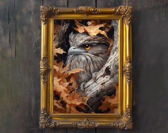 Könnte beinhalten: Ein gerahmtes Kunstwerk mit einer detaillierten Malerei eines Vogels mit auffälligen orangefarbenen Augen, eingebettet zwischen Herbstblättern und Ästen. Das Kunstwerk ist in einem verzierten Goldrahmen eingefasst, der der naturbezogenen Szene einen Hauch von Eleganz verleiht.