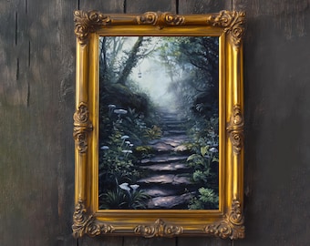 May include: A framed painting of a forest path. The artwork depicts a stone staircase leading into a misty forest, surrounded by lush greenery and white mushrooms. The ornate gold frame adds a classic touch.