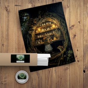 May include: A whimsical print depicts two mice in a tree hollow, one wearing an apron, tending to shelves filled with jars. The print is rolled in a cardboard tube with a label and a small tin with the text "Peppermint Tree Co."