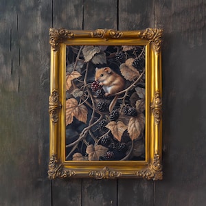 Dormouse in Blackberry Bush Cottagecore Print Poster Vintage Woodland Art Dark Academia Antique Illustrationv Enchanted Woodland Cottagecore