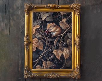 Dormouse in Blackberry Bush Cottagecore Print Poster Vintage Woodland Art Dark Academia Antique Illustrationv Enchanted Woodland Cottagecore