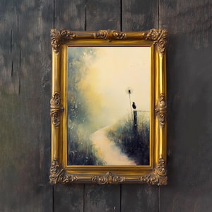 May include: A framed landscape painting in a gold ornate frame. The artwork shows a path through a field with a bird on a fence post. The painting has a soft, dreamy quality with a warm, yellow and green colour palette.
