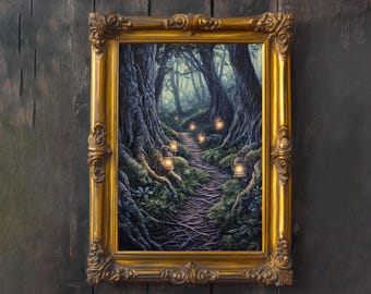 May include: A framed painting of a forest path illuminated by glowing lanterns. The artwork features a detailed depiction of trees, roots, and a winding trail. The ornate gold frame adds a touch of elegance to the fantasy-themed scene.