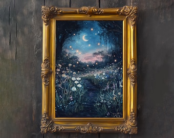 Night Meadow Print Poster Vintage Moonlit Art Dark Academia Wall Decor Antique Nature Illustration Cottagecore Fairycore Aesthetic
