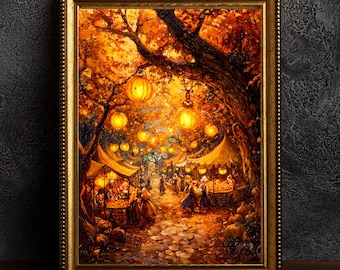 Stampa "Mercato del Crepuscolo Incantato", arte murale fantasy dark academia