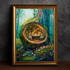 Fairy Tea Party Poster Enchanted Woodland Artwork Magical Nature Illustration Cottagecore Wall Art Whimsical Fantasy Print Vintage Fairycore
