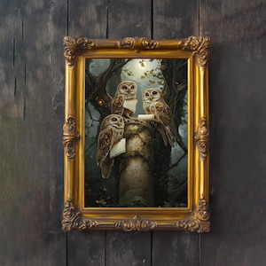 May include: An ornate gold framed picture. The artwork depicts three owls with scrolls, perched on a stone column in a forest. The painting has a vintage style, with a whimsical feel and a dark, moody background.