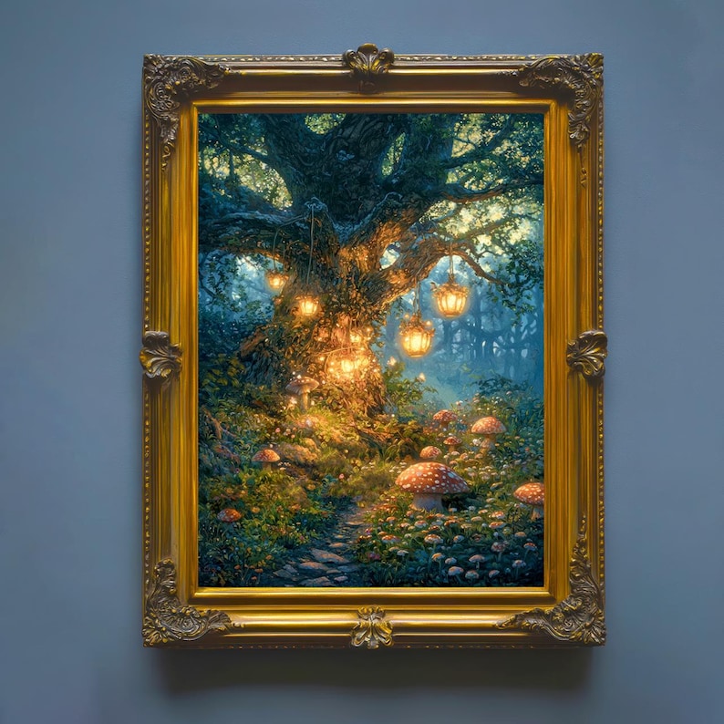 May include: A framed painting of a whimsical forest scene. The artwork depicts a large tree illuminated by hanging lanterns, with mushrooms and a path leading into the woods. The frame is ornate and gold-colored.