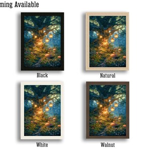 May include: Framed art prints featuring a fantasy forest scene with glowing orbs and a winding path. Available in black, natural, white, and walnut frames. The text "Framing Available" is at the top.