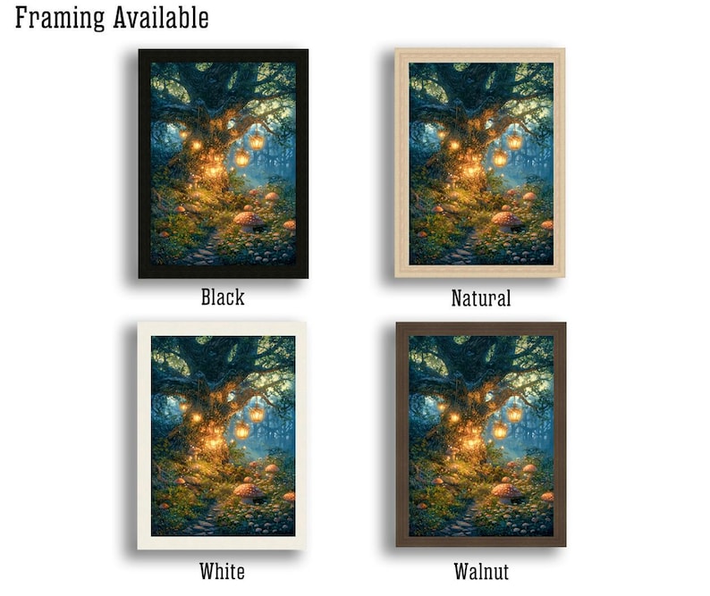 May include: Framed art prints featuring a fantasy forest scene with glowing orbs and a winding path. Available in black, natural, white, and walnut frames. The text "Framing Available" is at the top.