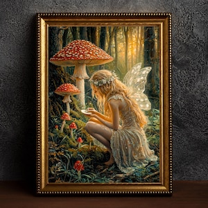 Fairy Painting Mushrooms Poster Enchanted Woodland Artwork Magical Nature Illustration Cottagecore Wall Art Whimsical Fantasy Print Vintage