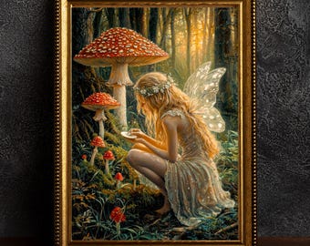 Fairy Painting Mushrooms Poster Enchanted Woodland Artwork Magical Nature Illustration Cottagecore Wall Art Whimsical Fantasy Print Vintage