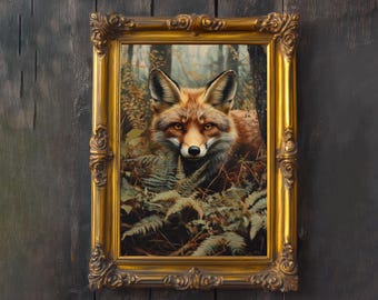 May include: A framed artwork featuring a fox in a forest setting. The fox has reddish-brown fur and is surrounded by ferns and foliage. The ornate gold frame adds a classic touch to the artwork, which is mounted on a dark wooden background.