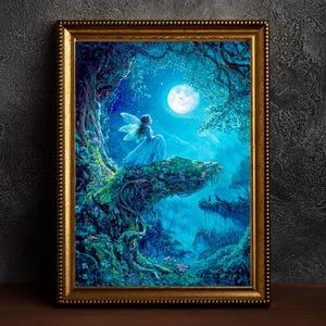 Fairy in Moonlight Poster Enchanted Night Artwork Magical Nature Illustration Cottagecore Wall Art Whimsical Fantasy Print Vintage Fairycore