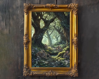 Hare Companions Cottagecore Print Poster Vintage Forest Art Dark Academia Wall Decor Antique Illustration Enchanted Woodland Cottagecore