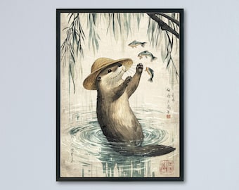 カワウソと魚の木版画 浮世絵風 日本の動物アート 禅風 カワウソ 壁