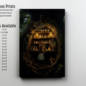 May include: Canvas print featuring a whimsical illustration of two mice in a tree hollow filled with jars and shelves. The artwork has a warm, inviting color palette. The canvas print is available in various sizes, including 8 x 10 inches and 28 x 40 inches.
