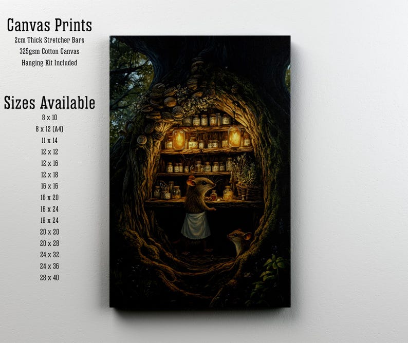 May include: Canvas print featuring a whimsical illustration of two mice in a tree hollow filled with jars and shelves. The artwork has a warm, inviting color palette. The canvas print is available in various sizes, including 8 x 10 inches and 28 x 40 inches.