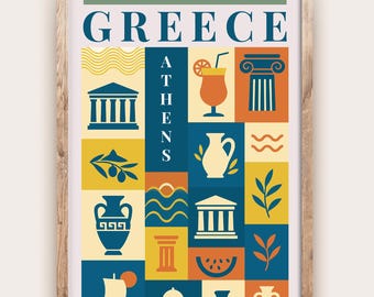 Grecka kuchnia, wydruk śródziemnomorskiego jedzenia, plakat, sztuka kulinarna w stylu vintage, sztuka ścienna do kuchni, dekoracja kuchni greckiej, grafika do jadalni