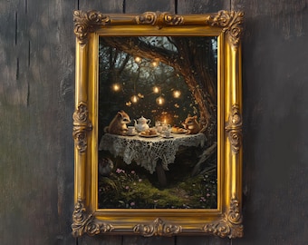 Enchanted Animal Tea Party Cottagecore Print Poster Vintage Woodland Art Dark Academia Wall Decor Antique Illustration Whimsical Decor