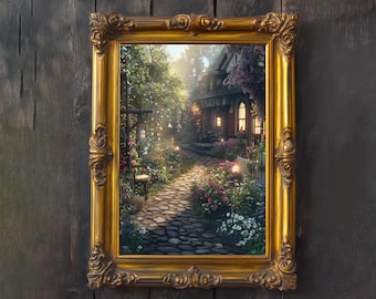 Fairy Village Print Poster Vintage Fantasy Cottagecore Wall Decor Dark Academia Illustration Enchanted Nature Fairy Village Fairy Poster