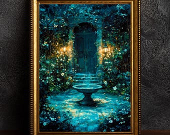 Poster con fontana da giardino, opera d'arte sulla natura incantata, illustrazione di un giardino magico, arte murale in stile cottage, stampa botanica stravagante, fantasia vintage