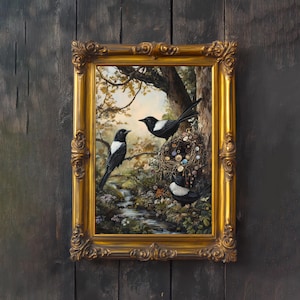 Póster con estampado de Urraca, estilo Cottagecore, arte vintage de aves del bosque, decoración de pared de Dark Academia, ilustración antigua, naturaleza encantada, estilo Cottagecore.