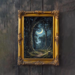 Moonlight Forest Cottagecore Print Poster Vintage Nature Art Dark Academia Wall Decor Antique Illustration Enchanted Nocturnal Cottagecore