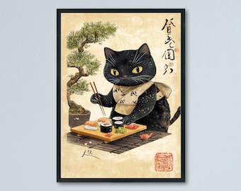 Katze Essen Sushi Holzschnitt Ukiyo-e Stil Japanisches Essen Kunst Zen Katze Wand Dekor Japanisch inspirierte Tier Illustration Sushi-Liebhaber Geschenk