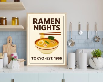 Ramen Nights Poster Japanese Food Wall Art Kitchen Dining Room Decor Modern Ramen Print Noodle Bowl Artwork Gift for Ramen Lovers