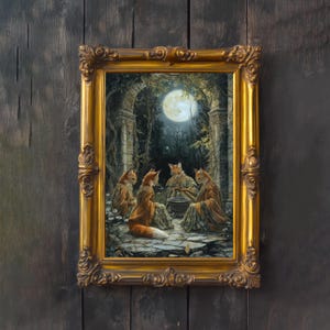May include: A framed artwork depicts anthropomorphic foxes gathered in a moonlit forest clearing. The foxes, adorned in robes, surround a cauldron. The ornate gold frame enhances the fantasy scene, creating a whimsical and enchanting aesthetic.