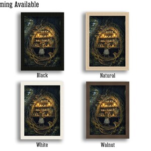 May include: Framed art prints featuring a whimsical illustration of a mouse in a tree hollow shop. Available in black, natural, white, and walnut frames. The artwork depicts a cozy interior with shelves of jars and glowing lights.