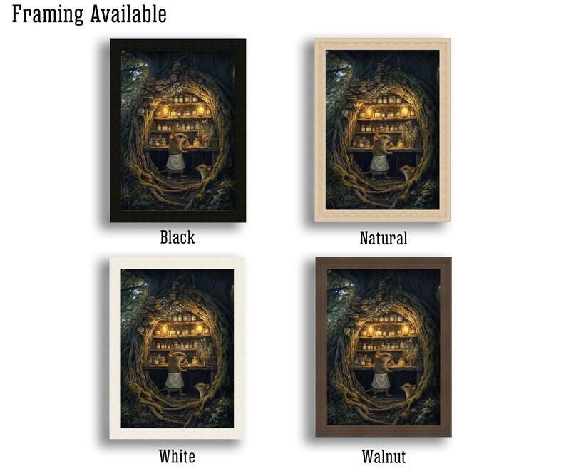 May include: Framed art prints featuring a whimsical illustration of a mouse in a tree hollow shop. Available in black, natural, white, and walnut frames. The artwork depicts a cozy interior with shelves of jars and glowing lights.