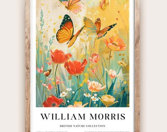 Póster de mariposa de William Morris, arte de pared vintage con insectos, impresión botánica clásica, decoración natural elegante, obra de arte de jardín atemporal para el hogar.
