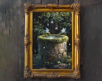 Puede incluir: Una obra de arte enmarcada en un marco dorado representa un pozo de piedra cubierto de musgo con agua, rodeado de exuberante vegetación. Dos pequeñas figuras aladas se posan en el borde del pozo. El marco dorado ornamentado realza la escena fantástica.