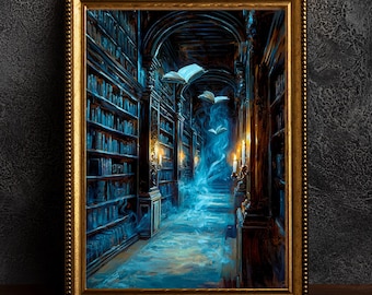 Ghost Library Poster Spooky Gothic Artwork Dark Academia Wall Art Haunted Bookshelf Illustration Vintage Haunted House Print Mystical