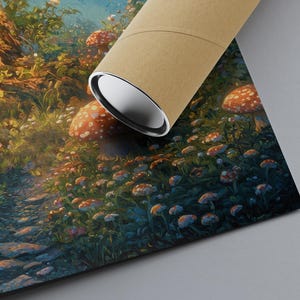May include: A vibrant art print depicting a whimsical forest scene. The artwork features a stone path winding through lush greenery, dotted with numerous red and white spotted mushrooms. A rolled-up poster is partially visible in the image.