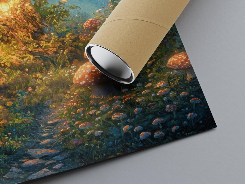 May include: A vibrant art print depicting a whimsical forest scene. The artwork features a stone path winding through lush greenery, dotted with numerous red and white spotted mushrooms. A rolled-up poster is partially visible in the image.